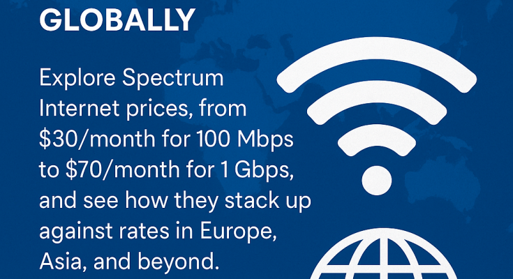 Graphic comparing Spectrum Internet prices ($30/month for 100 Mbps to $70/month for 1 Gbps) with global internet rates, featuring Wi-Fi and globe icons on a blue world map background.