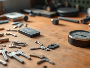 Professional locksmith workspace with specialized tools and key cutting equipment