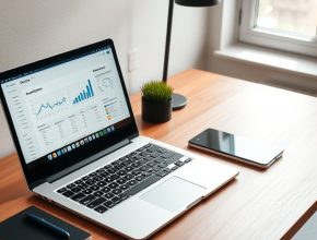 Professional workspace with a laptop displaying website analytics and marketing strategies